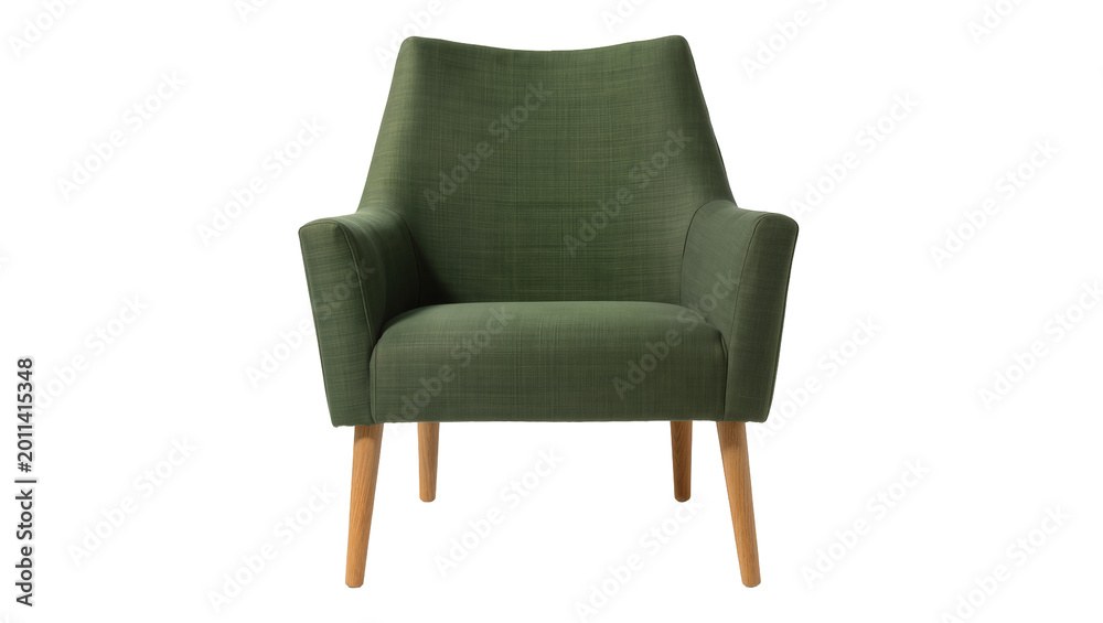 Fototapeta premium Green upholstered armchair with wooden legs, isolated on transparent background