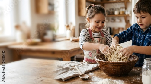 Two kids work together in a kitchen to mix dough for bread. They share smiles as they knead the ingredients in a large bowl. They enjoy their time baking