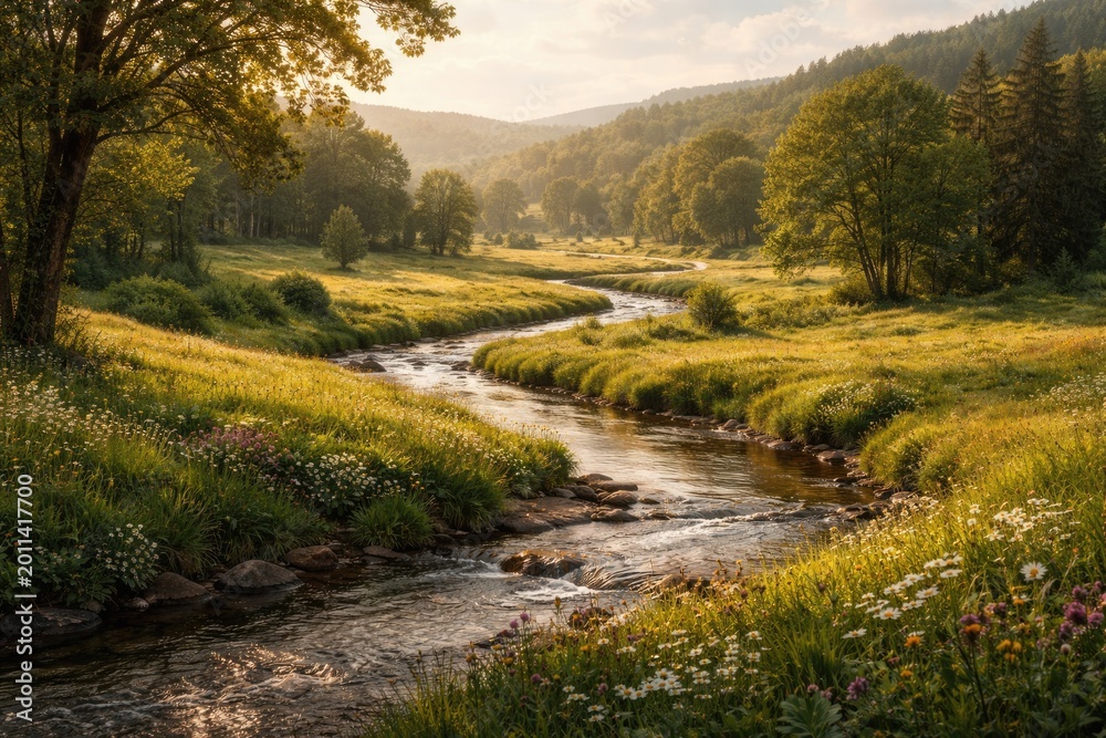 Naklejka premium Sweeping countryside landscape with rich vegetation and meandering stream