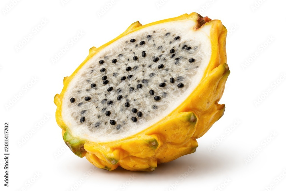 Fototapeta premium Yellow pitahaya fruit half isolated on solid white surface with clipping path
