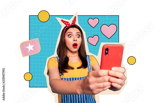 Tableau sur toile Composite photo collage of astonished girl hold phone receive like message notif