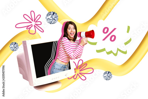 Obraz na płótnie Composite photo collage of happy girl peek pc monitor screen hold megaphone agit
