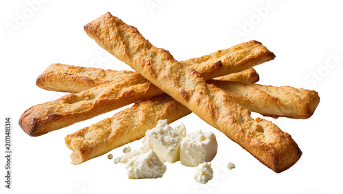 Bild auf Leinwand Golden brown breadsticks with crumbled white cheese, isolated on transparent bac