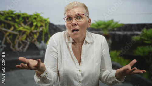 Quadro em tela Woman palms up gesture wearing glasses and white shirt near green plants and stone wall in front of building; uncertainty question