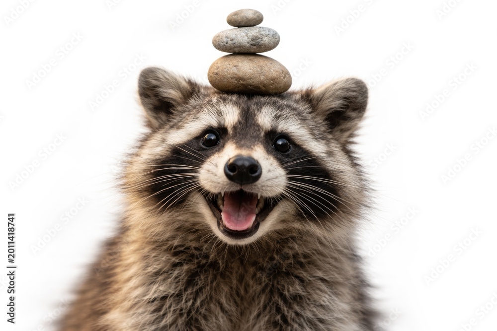 Obraz premium Cheerful raccoon in detailed close-up with rock balancing on white backdrop