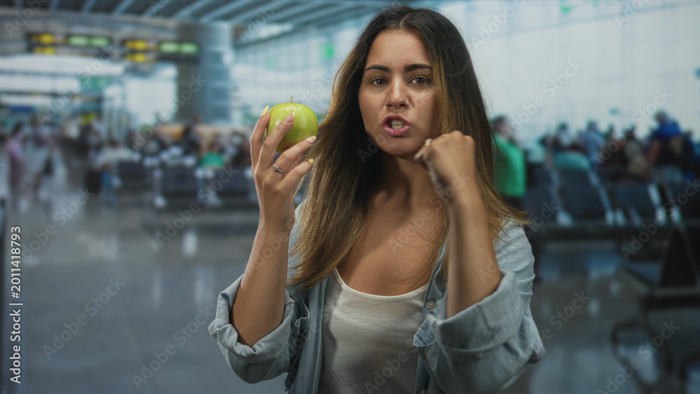 Fototapeta premium Woman holds green apple in right hand and raises left fist toward camera in airport terminal; frustration travel delay.
