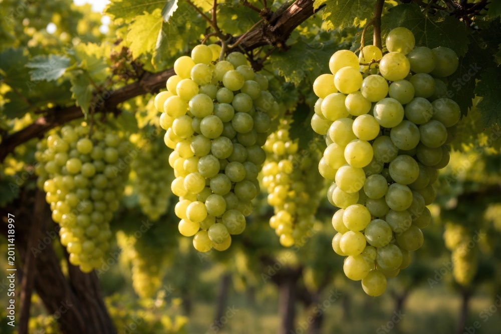 Naklejka premium Plump grape bunches hanging heavy on the green vineyard branches