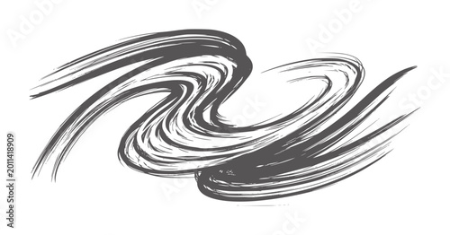 Dark gray brush strokes forming a dynamic abstract shape white