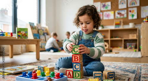 Young child stacking wooden alphabet blocks in a bright preschool classroom