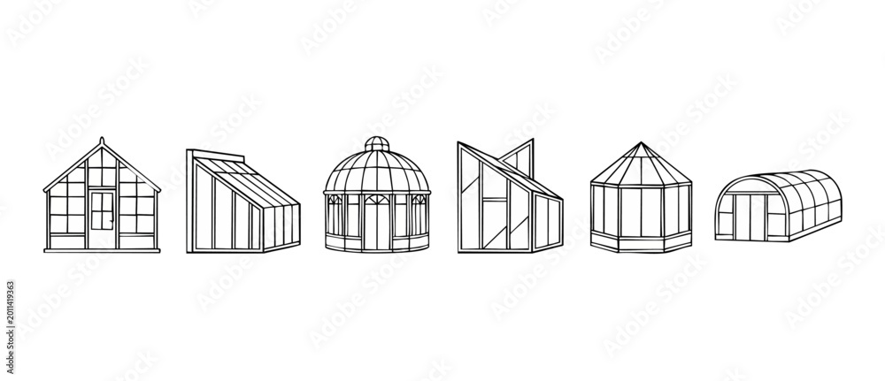 Fototapeta premium Greenhouse structures set, glass plant house designs, garden orangery icons, collection of botanical building styles, modern and classic conservatory silhouettes isolated on a plain white background.