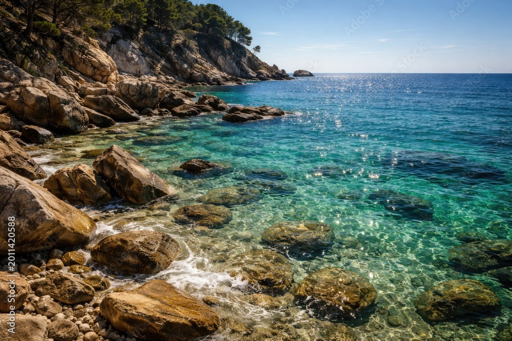 Fototapeta premium Tranquil rocky seashore with sparkling emerald sea surface