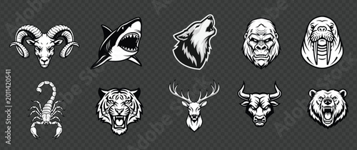 Animal Mascot Logo Black White Vector Set