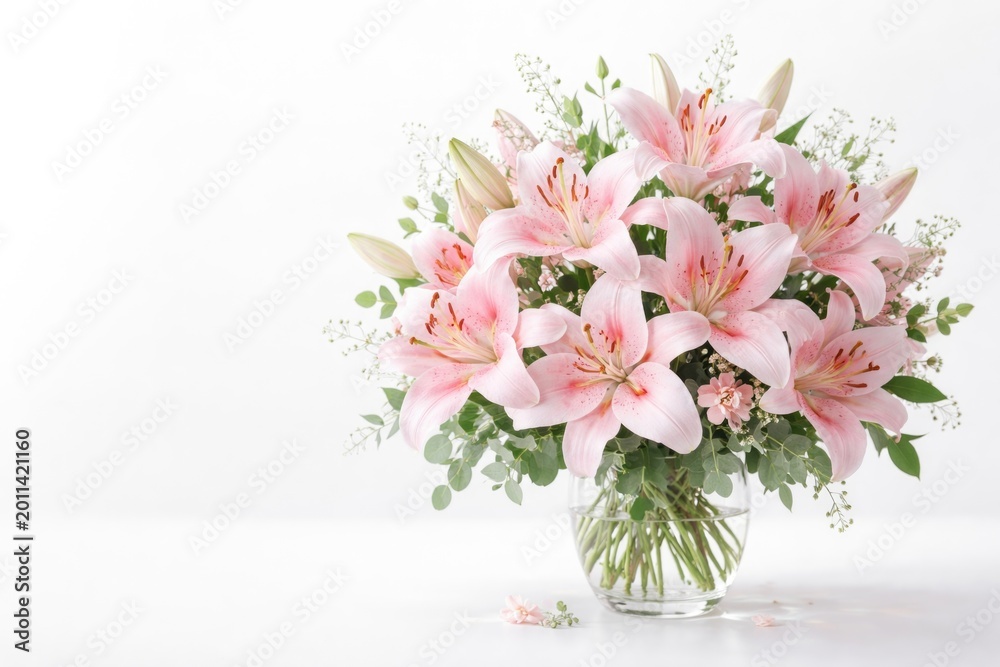 Obraz premium Pink Casablanca floral arrangement set on bright white background for copy space