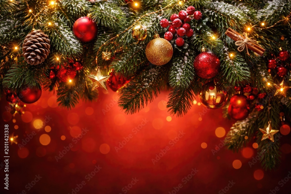 Naklejka premium Decorated fir limb arrangement featured on warm red holiday backdrop