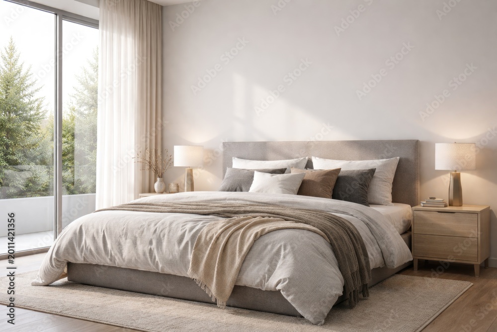 Fototapeta premium Modern bedroom design showcasing a double bed with linens and a lamp illuminated by natural daylight and white walls
