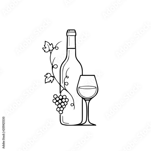 A wine bottle with a glass and grapes on a vine in a still life setting