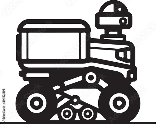 Robot Tank, Black Vector Illustration, Military Vehicle, Cartoon Style