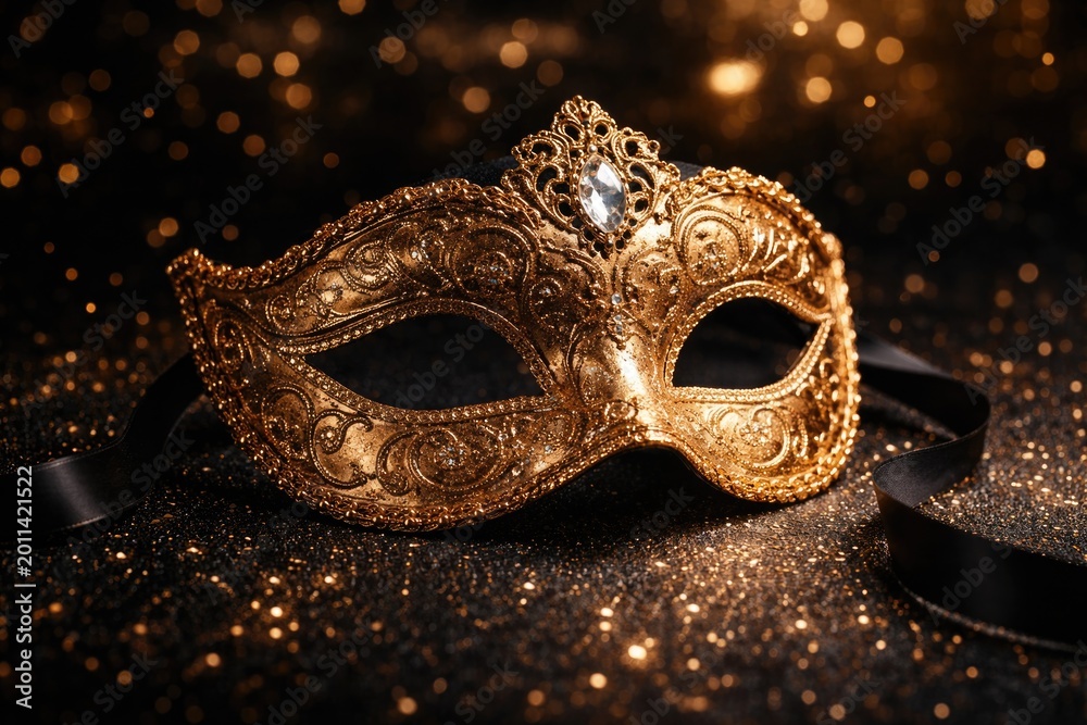 Naklejka premium Golden masquerade mask displayed on a deep dark sparkling background ideal for copy