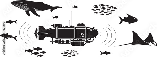 Submarine, underwater exploration, ocean creatures, black and white vector illustration, marine life, nautical icons