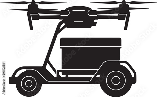 Drone Delivery Golf Cart, Black Vector Icon, Logistics Transportation Symbol, Delivery Drone Illustration