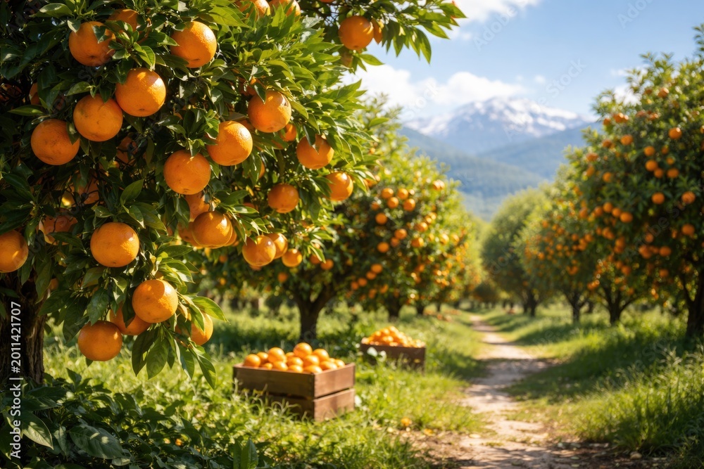 Naklejka premium Natural outdoor scene with vibrant orange citrus trees and white backdrop