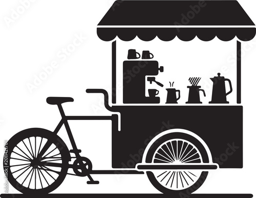 Black bicycle coffee cart, food truck icon, vector illustration, cafe on wheels