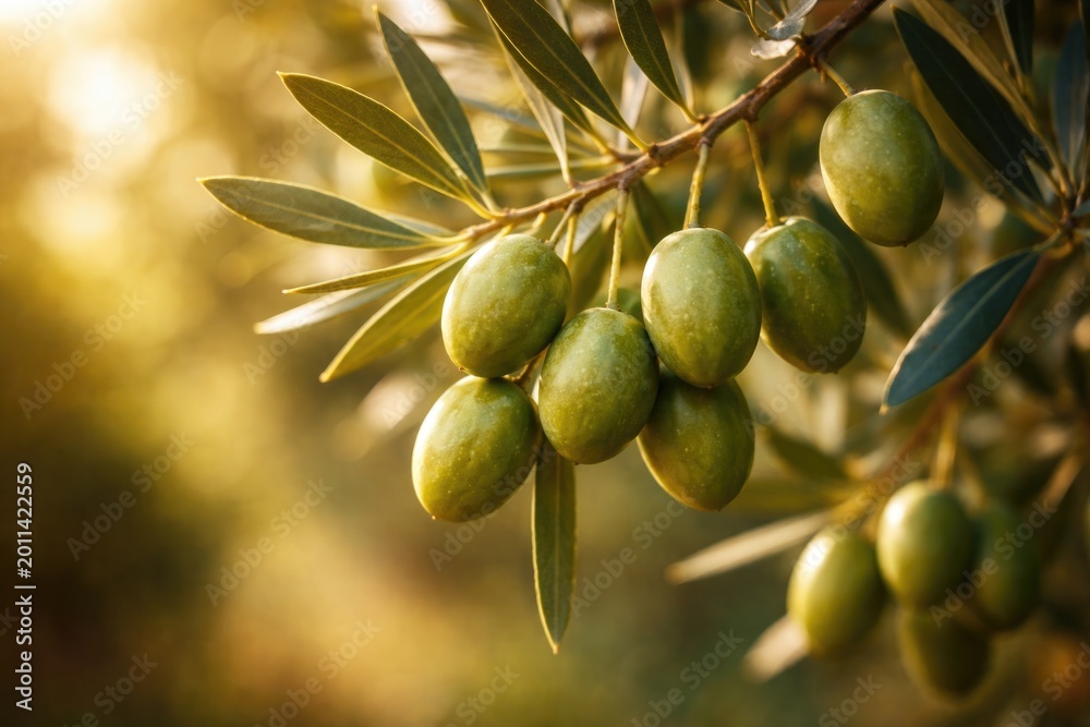 Naklejka premium Ripe green olives captured on the branch with warm golden light and a smooth blurred natural backdrop