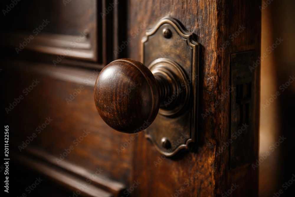 Obraz premium Focused view on a vintage wooden door knob facilitating door movement