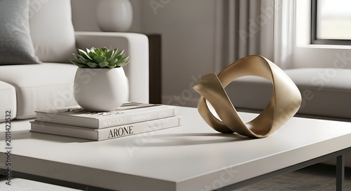 Modern living room decor: coffee table with sculpture, books, and succulent plant