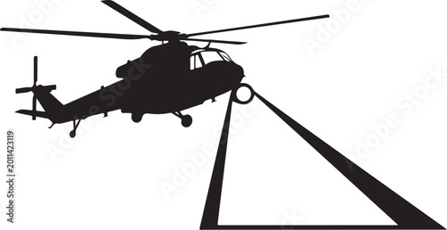 Black helicopter silhouette, vector helicopter icon, aircraft lifting hook, industrial transport symbol