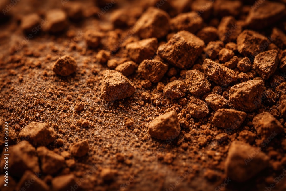 Fototapeta premium Macro perspective of instant coffee granules showing rough texture on background