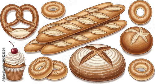 Assorted baked breads and pastries collection Vector