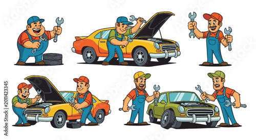 Cartoon mechanics working on cars automotive repair vector illustration set