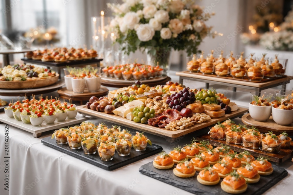 Obraz premium Refined catering setup featuring an array of snacks for wedding and corporate occasions