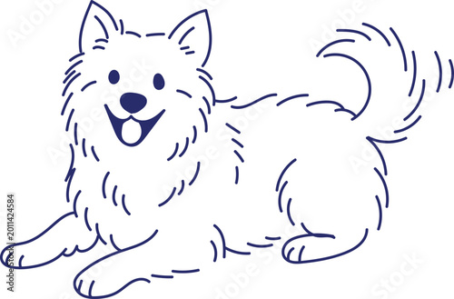 Line art of a happy fluffy dog lying down