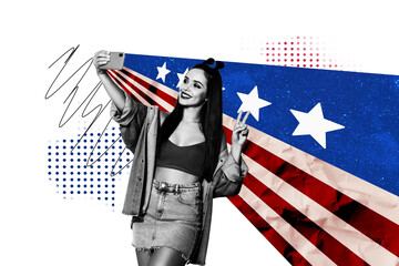 Photo cartoon comics sketch collage picture of happy lady celebrating 4th july recording video vlog isolated graphical background