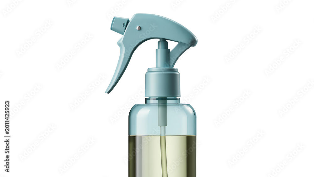 Obraz premium Light blue spray bottle with clear liquid, isolated on transparent background