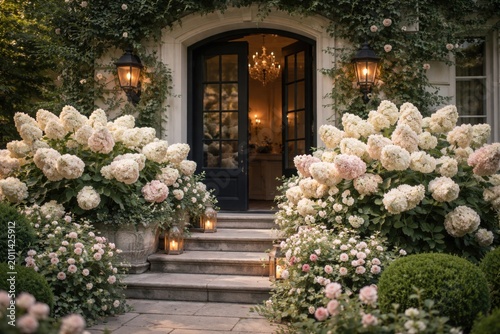 Full bloom panicle hydrangeas lending romantic elegance to residential entrance