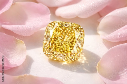 Radiant cushion cut yellow diamond showcasing excellent clarity amid soft pink petals on a pristine white base