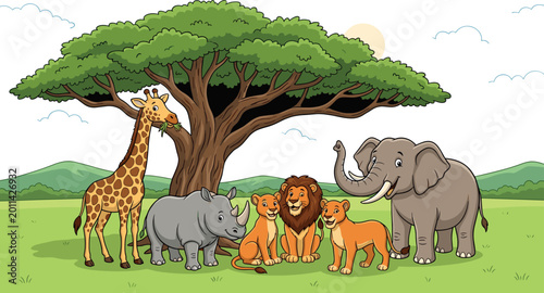 Cute Cartoon Safari Animals Group with Giraffe, Lion, Elephant, and Rhino in African Savanna Landscape for Kids and Nature Designs