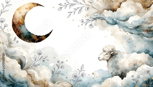 Eid Al Adha Watercolor Background with Crescent Moon, Sheep, and Elegant Floral Line Art on White Space