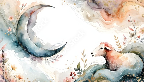 Artistic Watercolor Eid Al Adha Background with Crescent Moon, Sheep Illustration, and Floral Elements in Pastel Colors and Gold Splatter