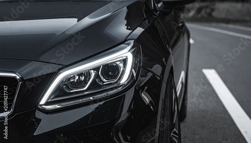 Detailed Modern Black Car Headlight with Glossy Exterior, LED Lamp, and Sleek Design