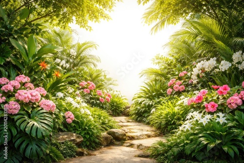 Peaceful isolated garden with rich green tropical leaves and colorful pink white flowers glowing in summer light on a pristine white backdrop