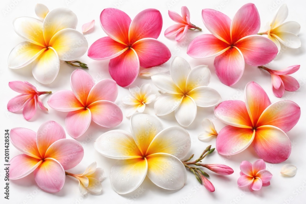 Obraz premium Varied frangipani flowers in distinct shapes and tones placed on white background presenting natural flower diversity and charm