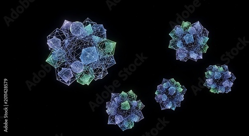 Abstract geometric structures consisting of glowing blue and green wireframe spheres floating in dark space