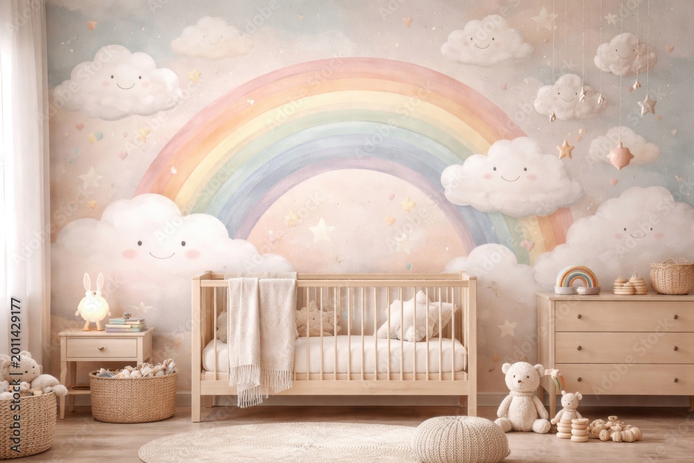 Fototapeta premium Trendy nursery wallpaper featuring soft pastel rainbow and playful cloud artwork