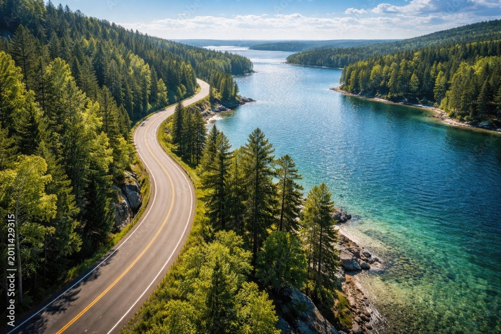 Naklejka premium Summer aerial imagery of a winding road beside lush green woods and sparkling coastal lakes