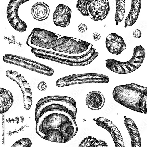 Sausage and deli Meats seamless pattern in engraving style.  Hand-drawn vintage food illustration