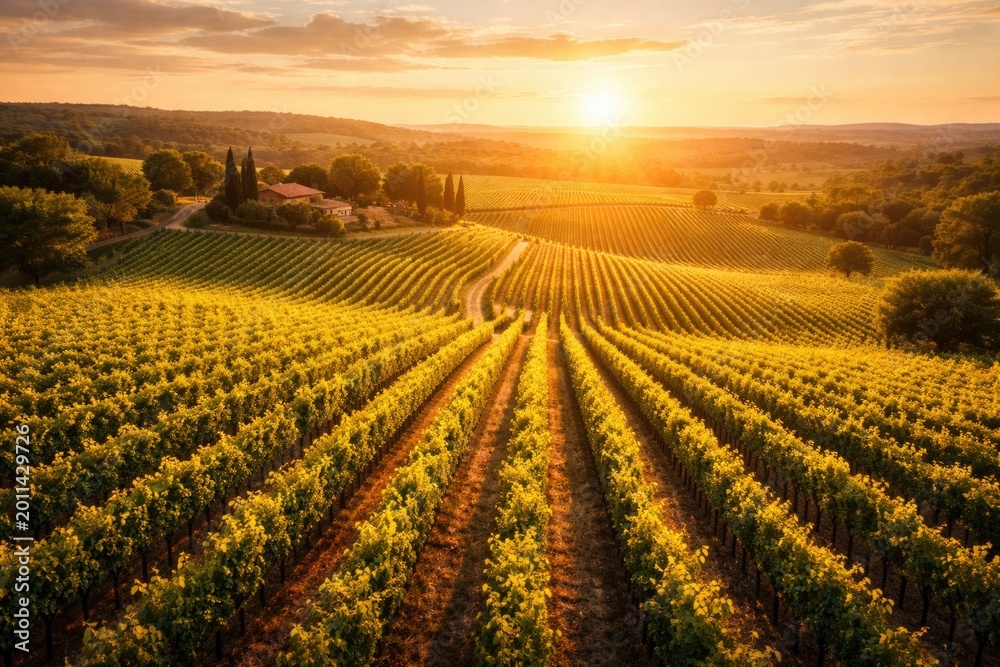 Obraz premium Summer vineyard seen from above glowing softly in warm sunset tones